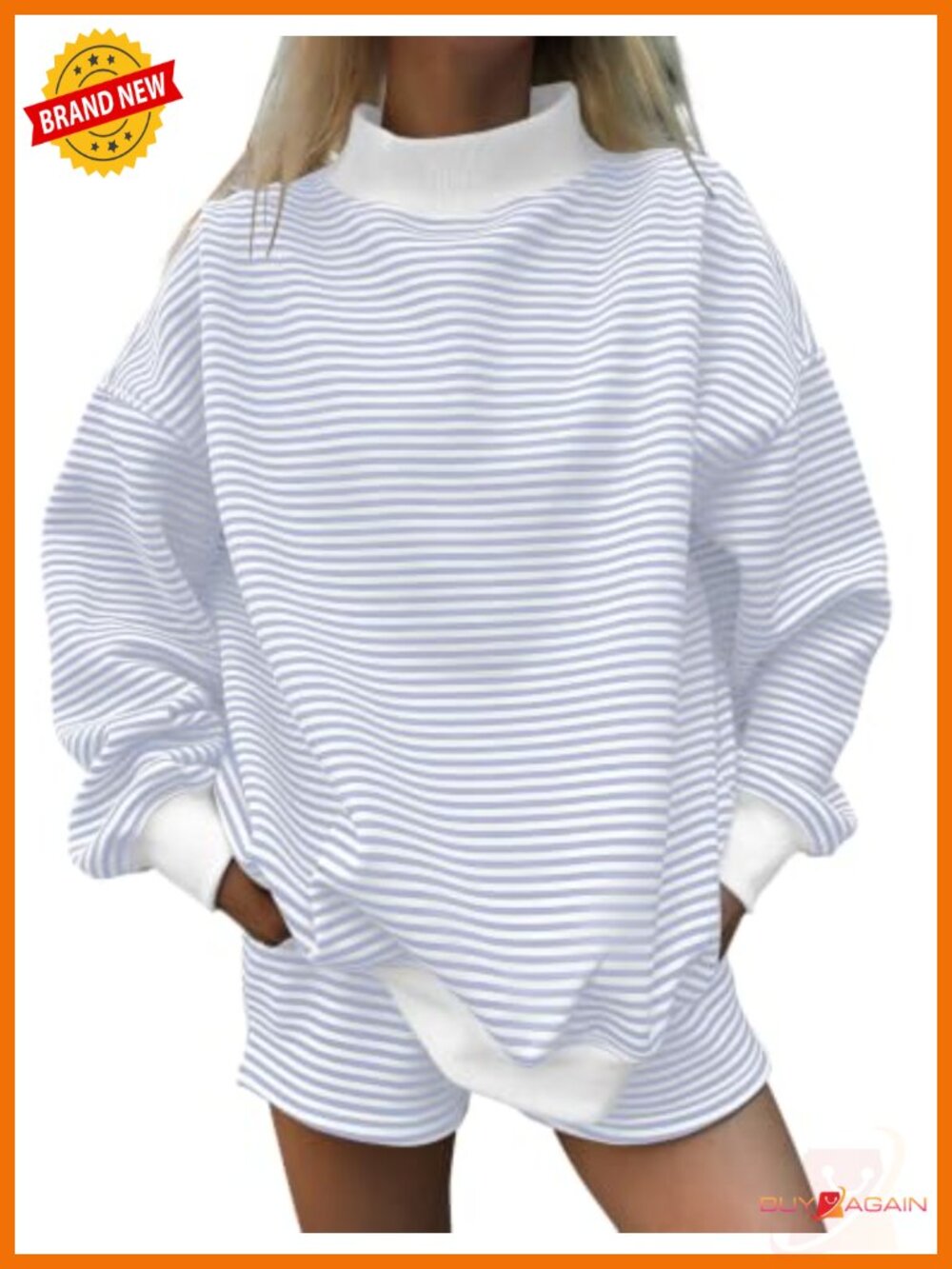 Striped Mockneck 2-Piece Lounge Set, Cotton Blend, Casual Shorts